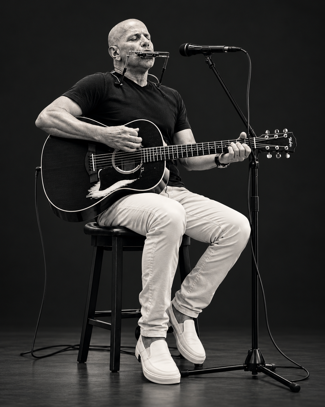 Jon Oswald performing on acoustic guitar and harmonica, seated beside a microphone against a charcoal background